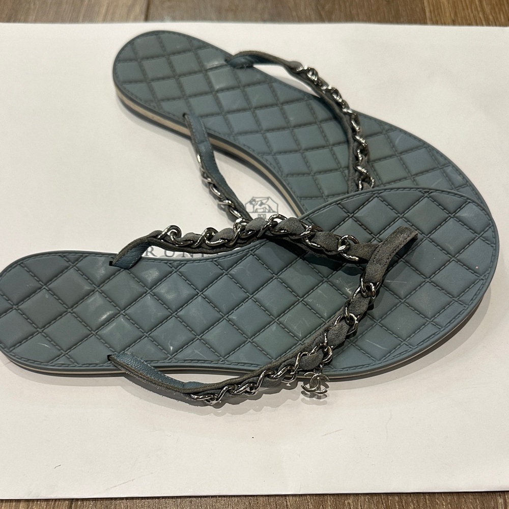 CHANEL Gray Quilted Sandals Authentic